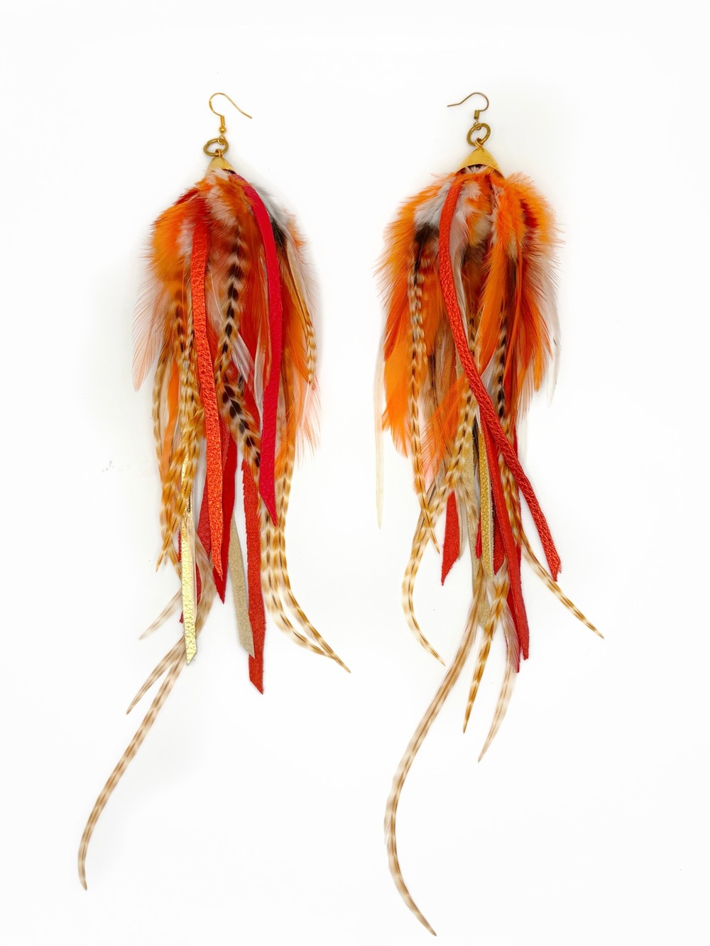 Handmade Orange Feather & Leather Drop Earrings - Boho Statement